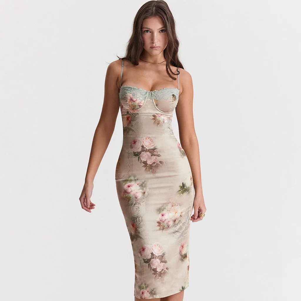 Luxury Lace Trim Bustier Spaghetti Strap Floral Print Bodycon Midi Satin Dress