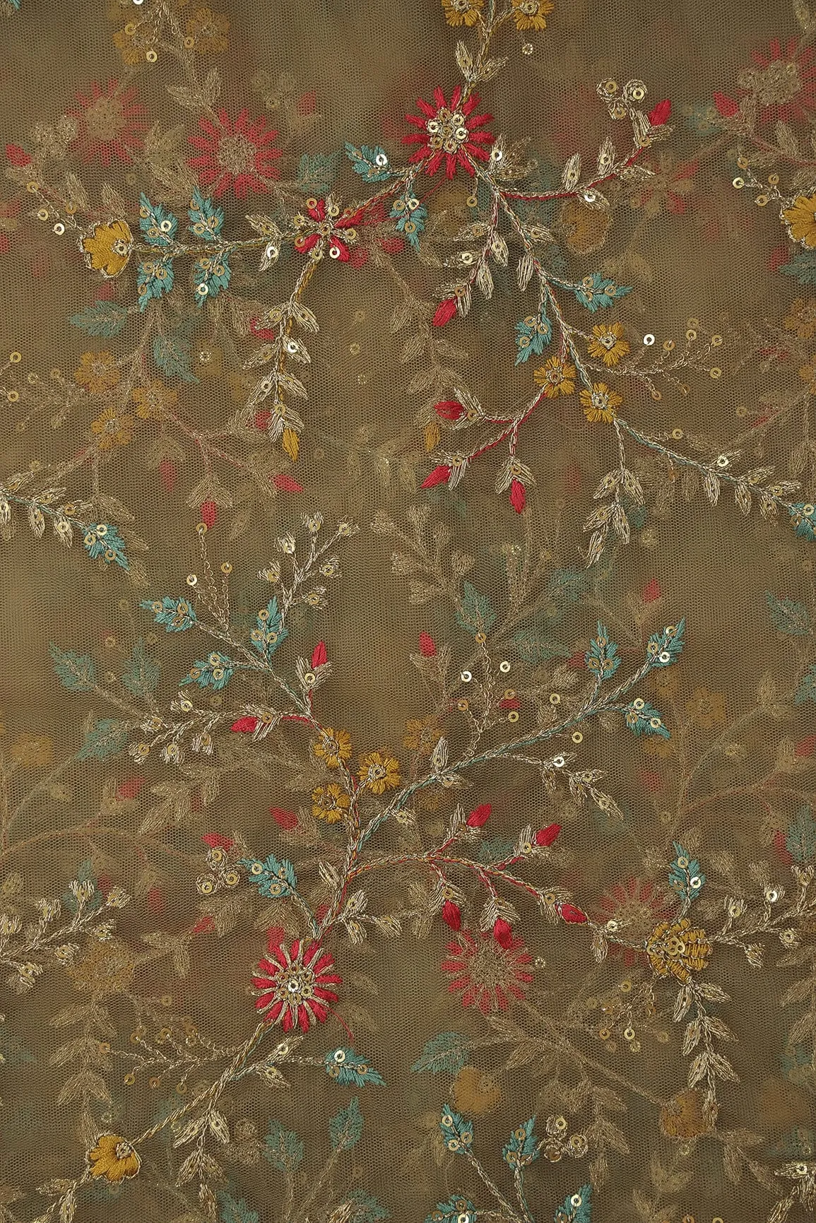 Multi Thread With Gold Sequins Floral Embroidery On Beige Soft Net Fabric