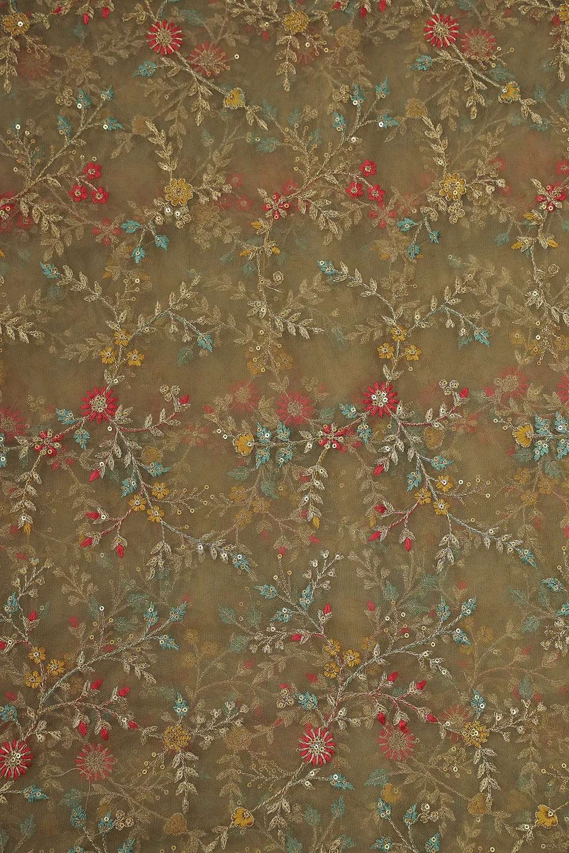 Multi Thread With Gold Sequins Floral Embroidery On Beige Soft Net Fabric