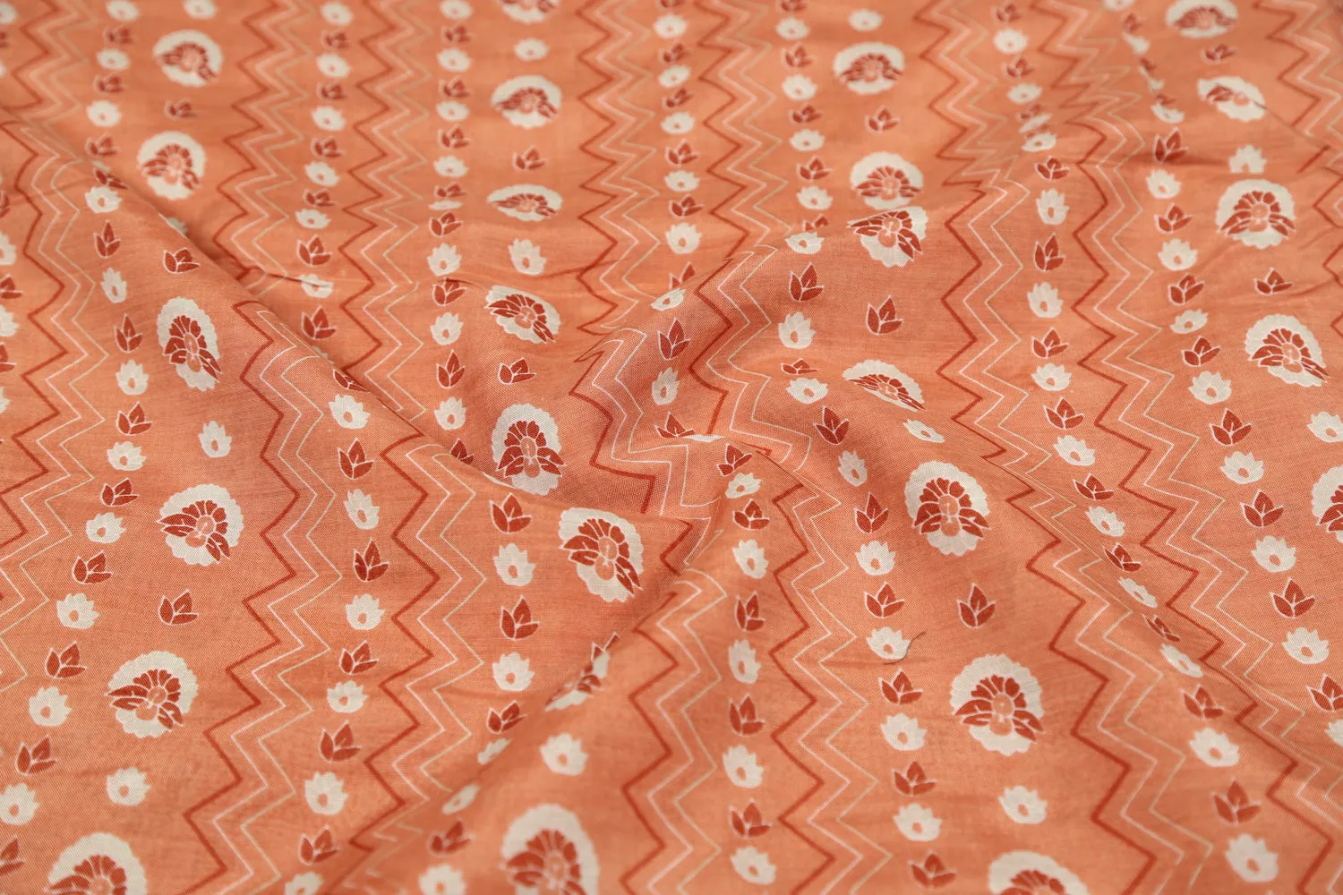 Peach Orange Abstract Printed Muslin Viscose Blend Fabric