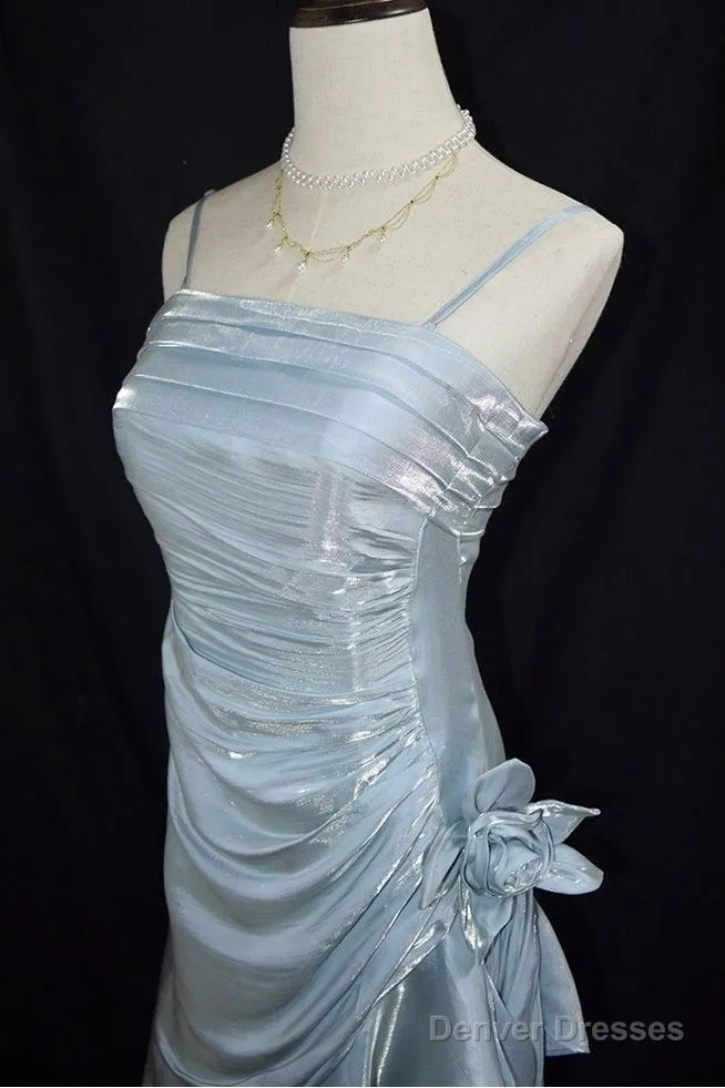 Retro Baby Blue Vintage Floral Dress Asymmetrical Hem Prom Gown