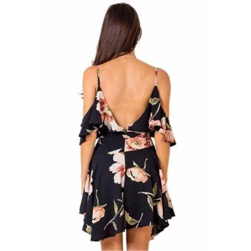 Ruffle Floral Printed Spaghetti Straps V-Neck Backless Short Dress