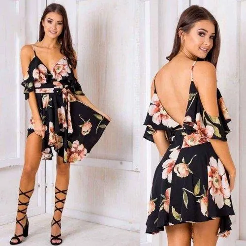 Ruffle Floral Printed Spaghetti Straps V-Neck Backless Short Dress