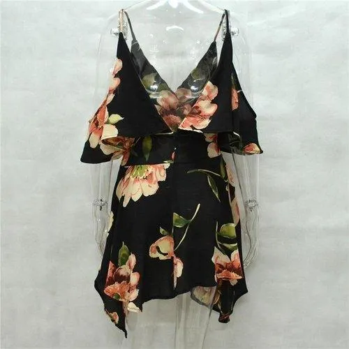 Ruffle Floral Printed Spaghetti Straps V-Neck Backless Short Dress