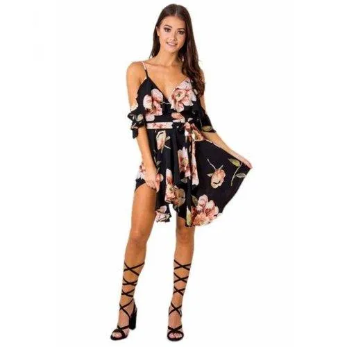 Ruffle Floral Printed Spaghetti Straps V-Neck Backless Short Dress