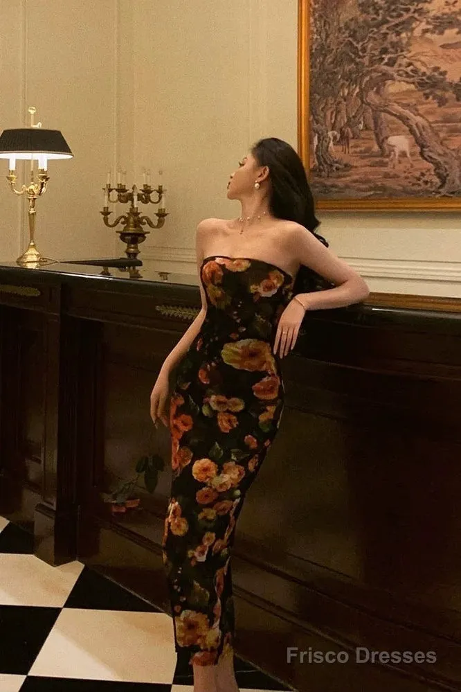 Sexy Sheath Strapless Black Floral Prom Dresses Birthday Outfits Evening Gown