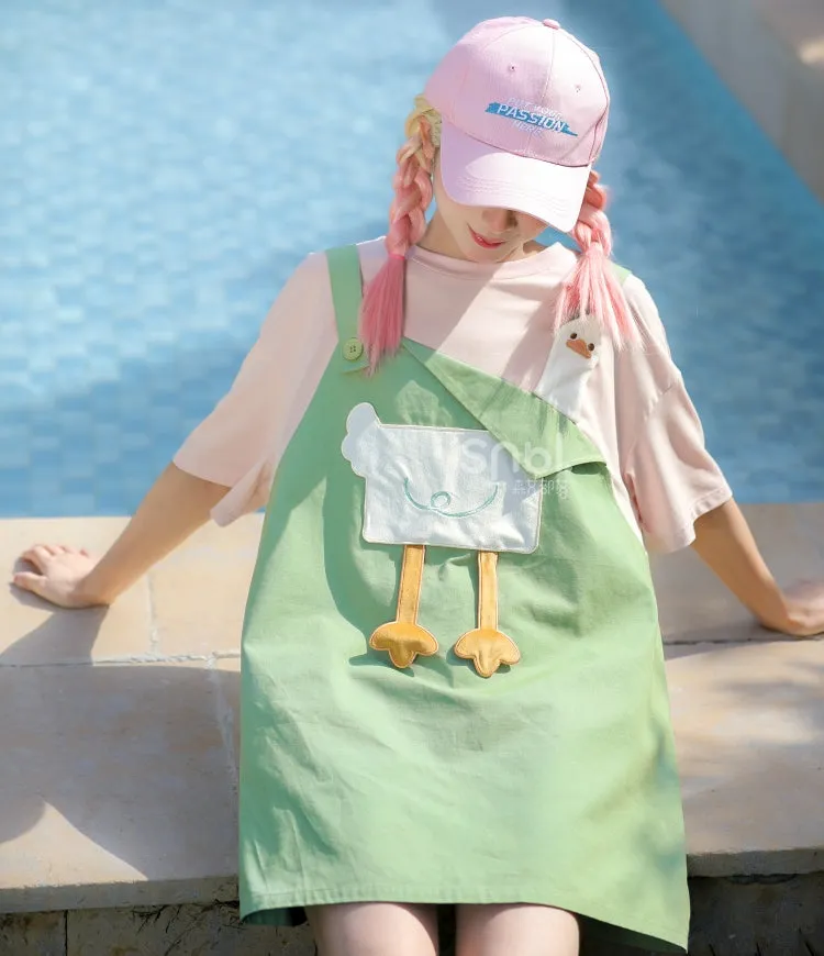 Summer Girly Cartoon Duck Fake Two-Piece Dress