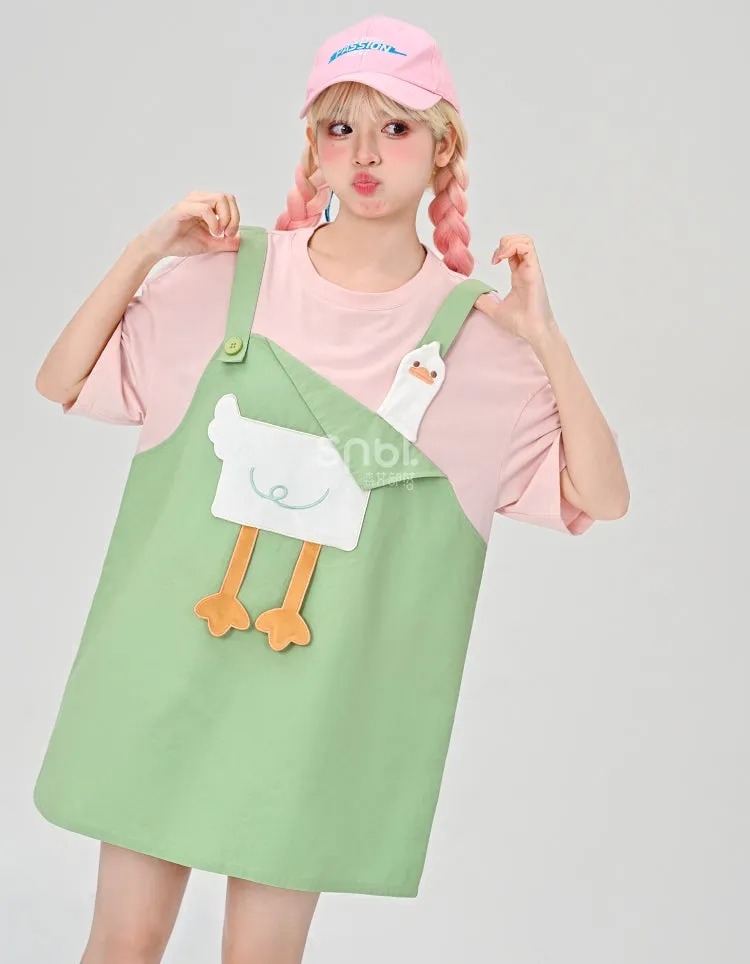 Summer Girly Cartoon Duck Fake Two-Piece Dress