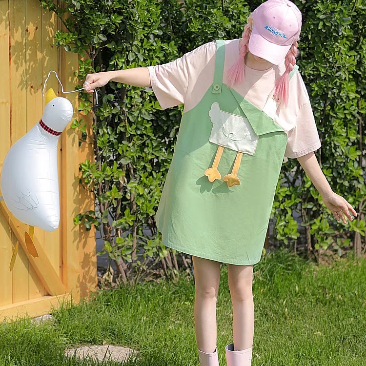Summer Girly Cartoon Duck Fake Two-Piece Dress
