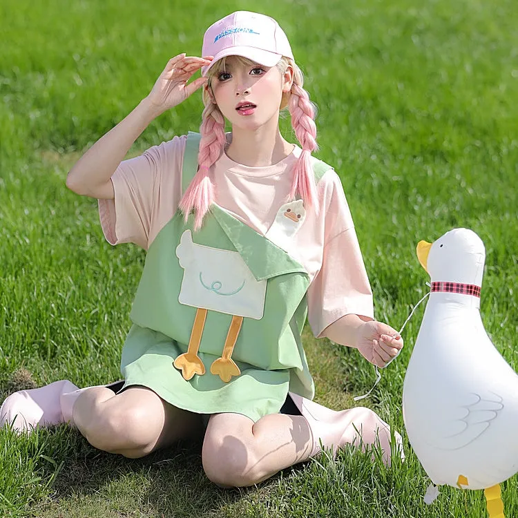 Summer Girly Cartoon Duck Fake Two-Piece Dress