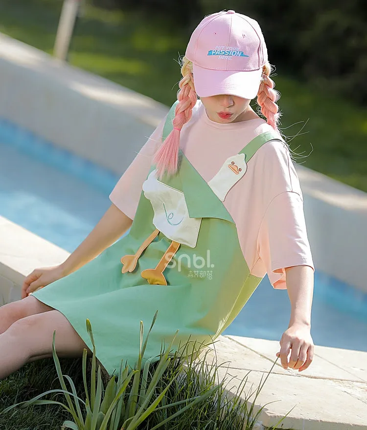 Summer Girly Cartoon Duck Fake Two-Piece Dress