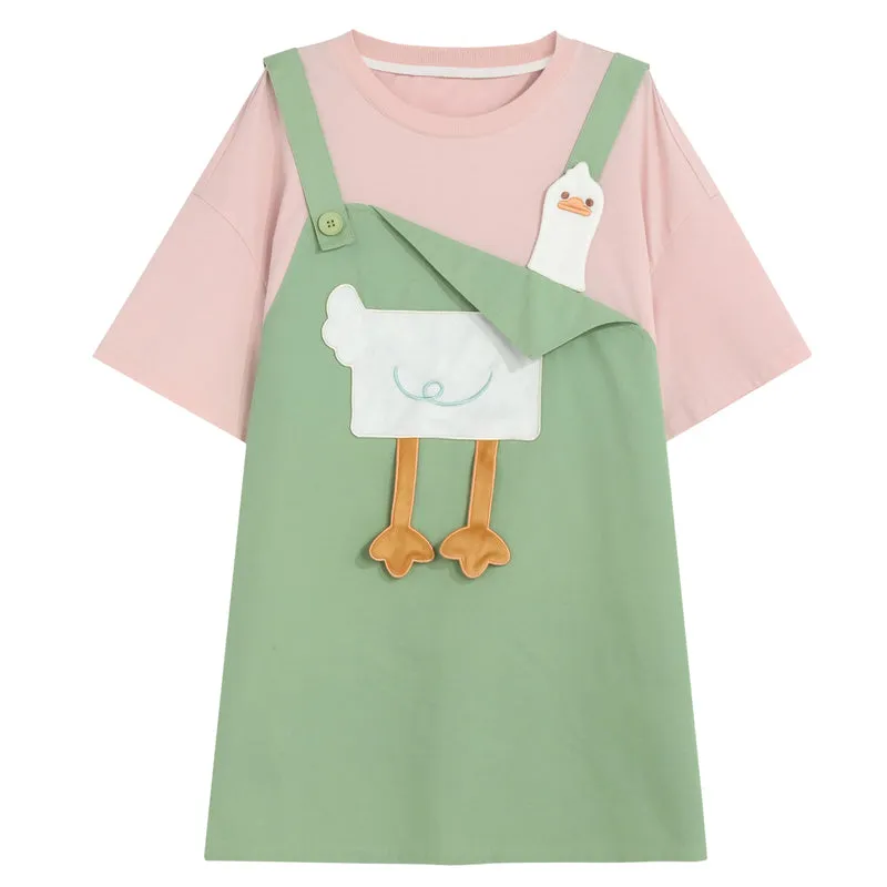 Summer Girly Cartoon Duck Fake Two-Piece Dress