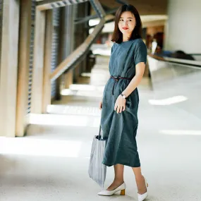 Summer Linen Women Dresses Short Sleeves U Neck Spring Summer Women Dresses XH9604