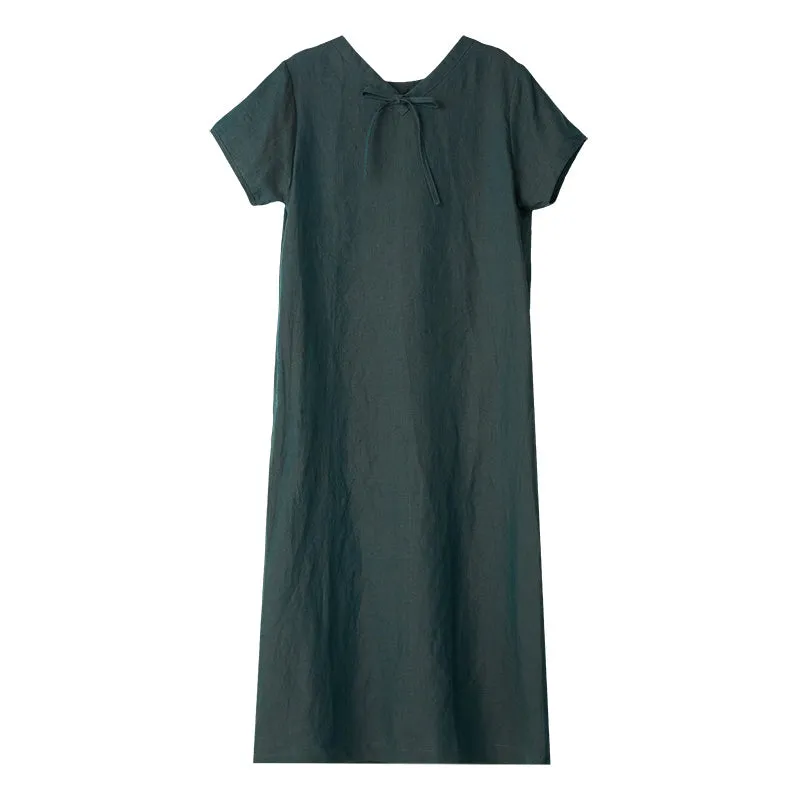 Summer Linen Women Dresses Short Sleeves U Neck Spring Summer Women Dresses XH9604