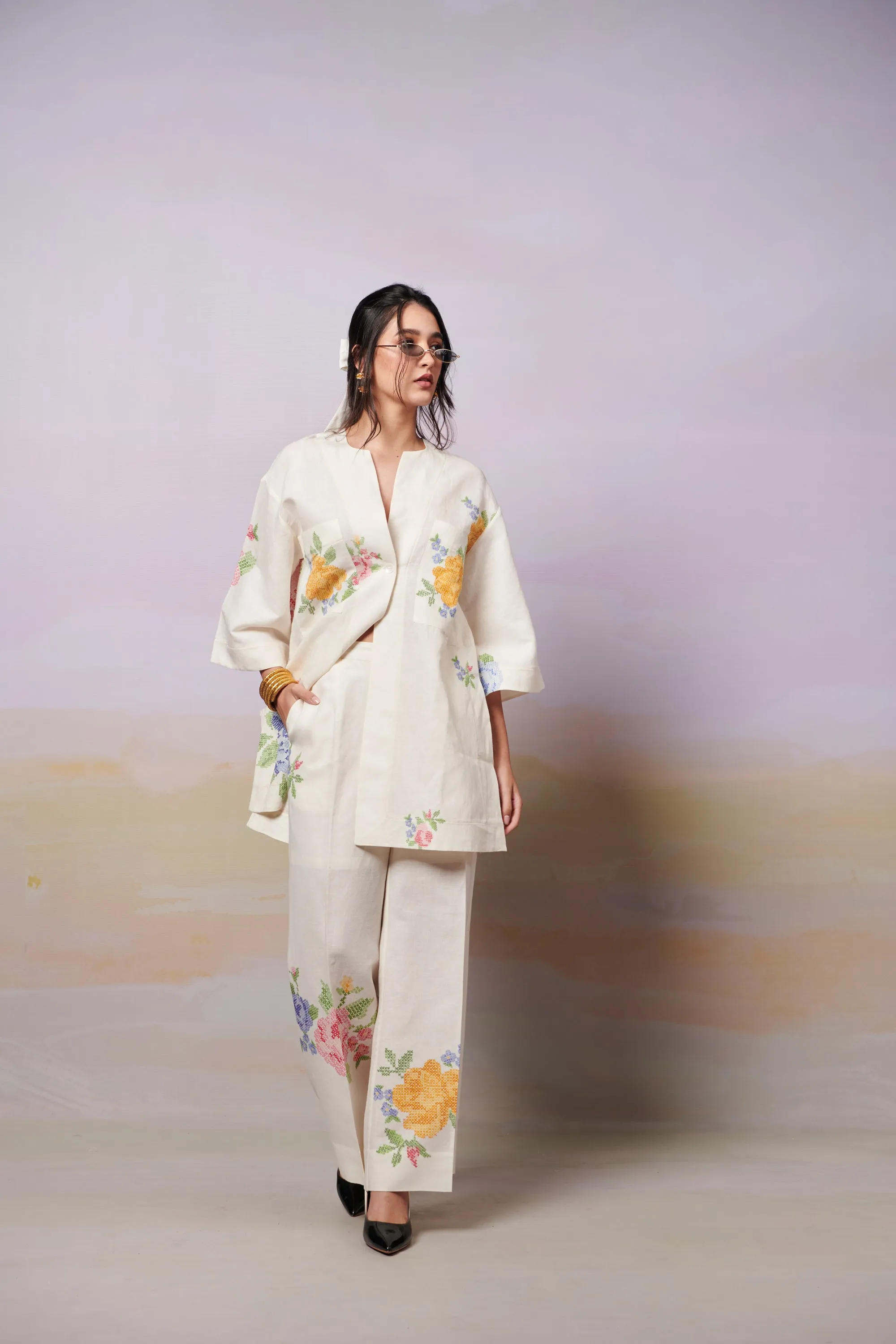 Summer Rose Kurta shirt and Trousers co-ord set