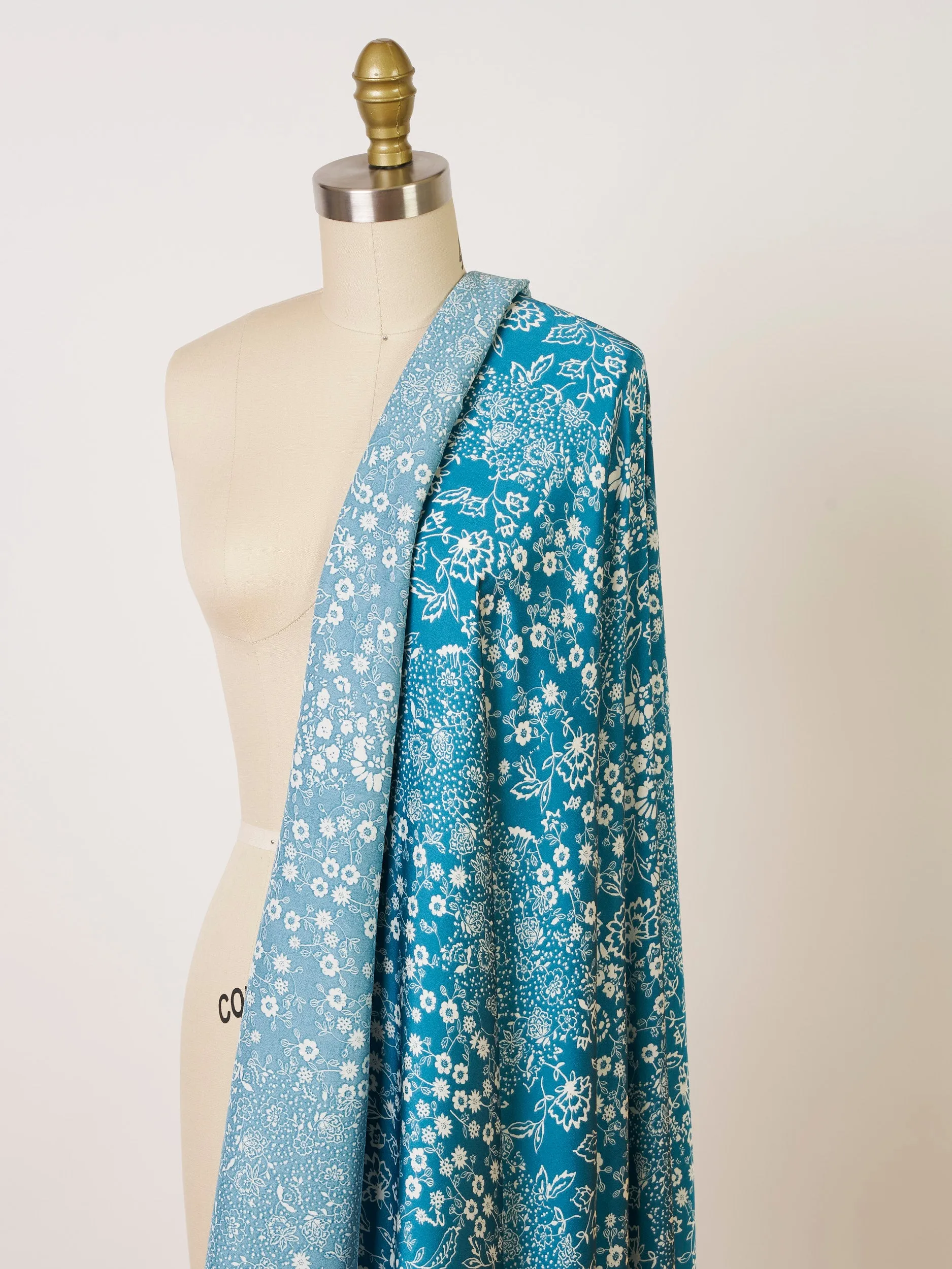 Teal  off white dainty floral   print -  silky satin dobby Lightweight   fabric