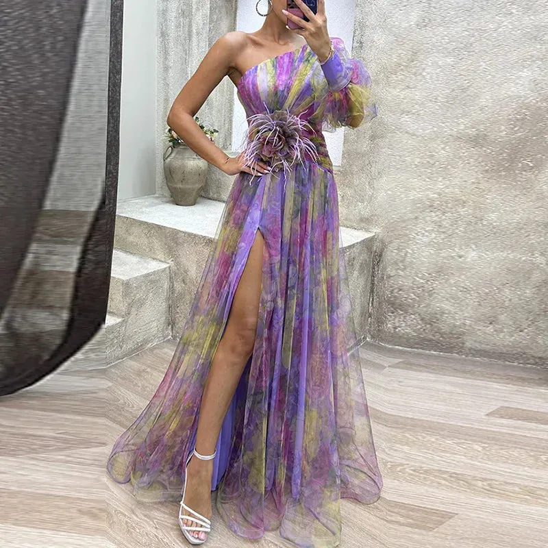 Uniwim Women High Waist Hollow Out Slit Dresses Party Lady Chic Patchwork Print Maxi Dress Summer Off Shoulder Long Dress New Vestido