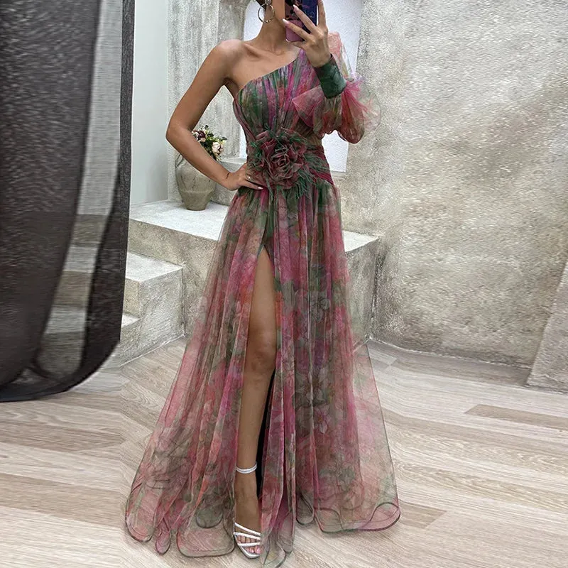 Uniwim Women High Waist Hollow Out Slit Dresses Party Lady Chic Patchwork Print Maxi Dress Summer Off Shoulder Long Dress New Vestido