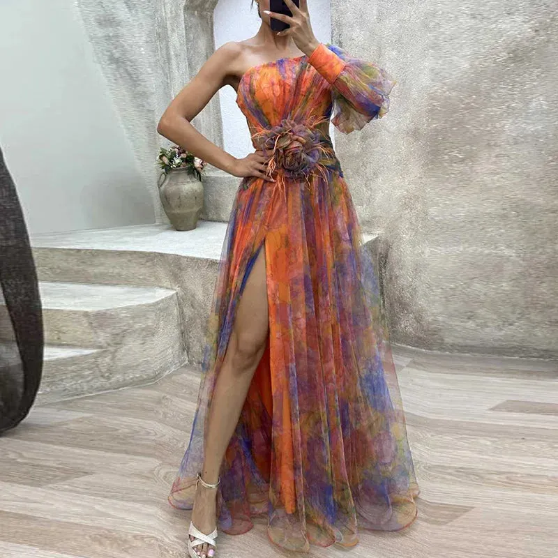 Uniwim Women High Waist Hollow Out Slit Dresses Party Lady Chic Patchwork Print Maxi Dress Summer Off Shoulder Long Dress New Vestido