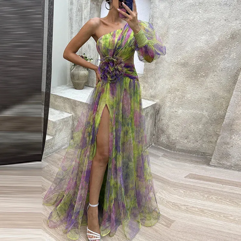 Uniwim Women High Waist Hollow Out Slit Dresses Party Lady Chic Patchwork Print Maxi Dress Summer Off Shoulder Long Dress New Vestido