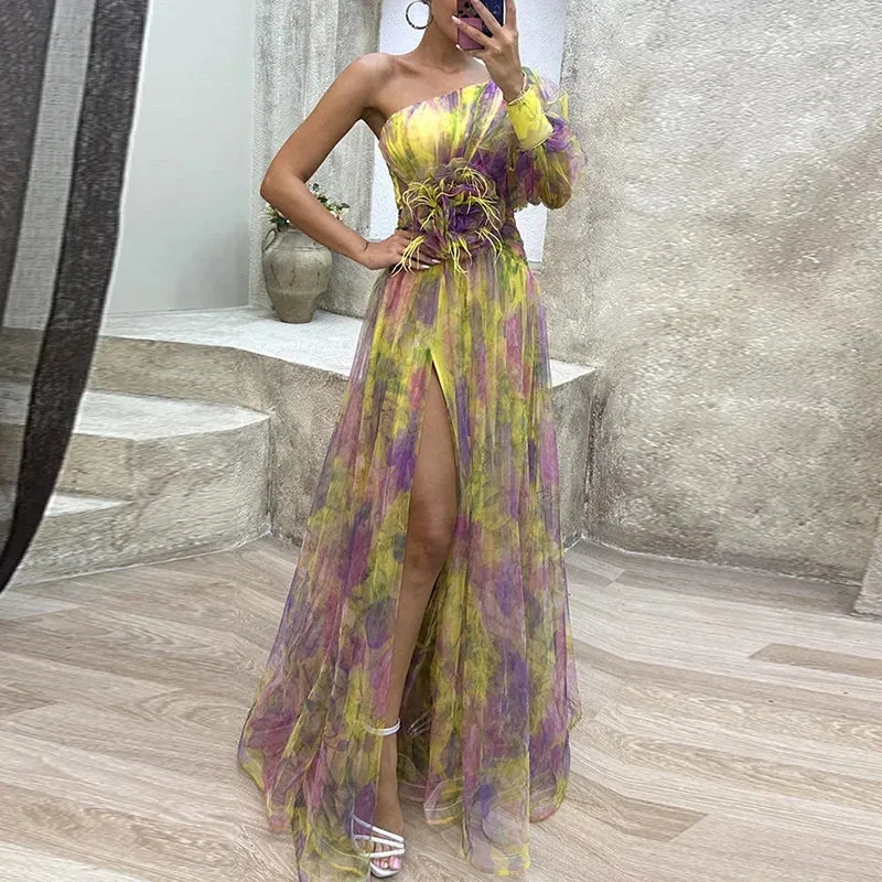 Uniwim Women High Waist Hollow Out Slit Dresses Party Lady Chic Patchwork Print Maxi Dress Summer Off Shoulder Long Dress New Vestido