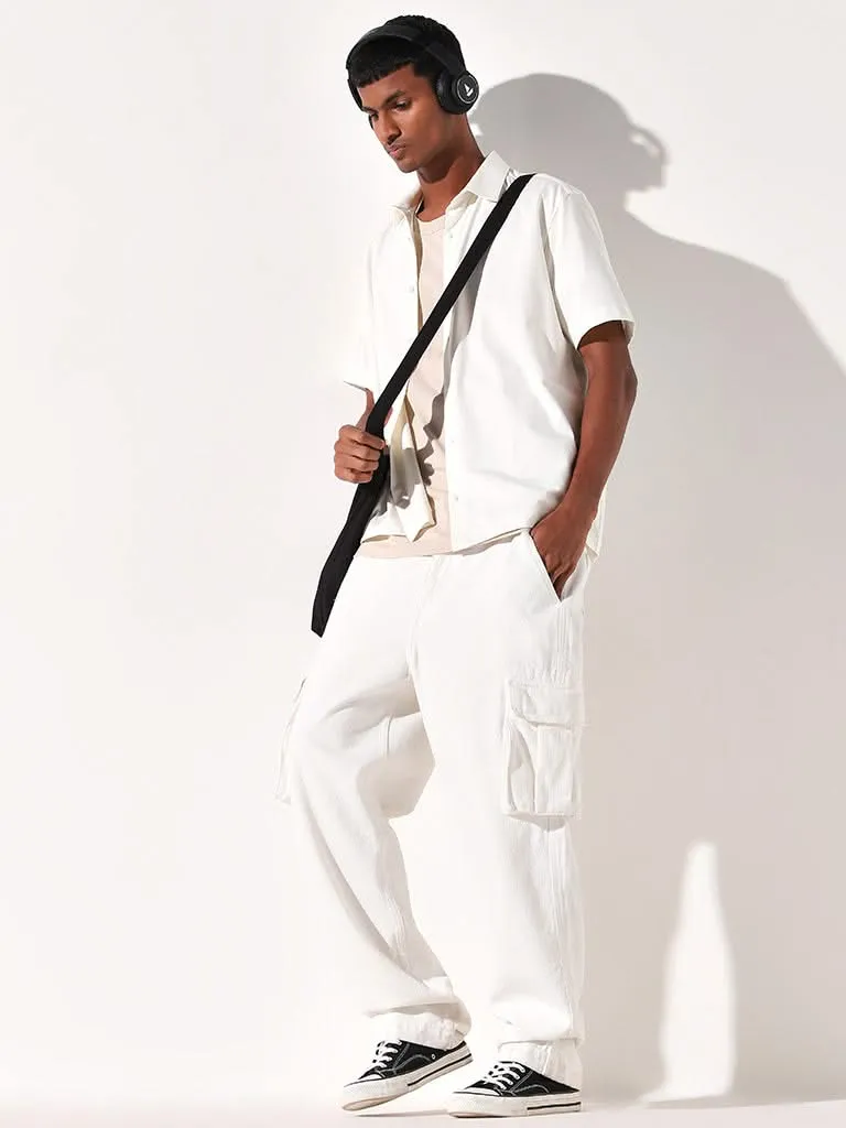 WES Casuals Beige Solid Cotton Relaxed Fit T-Shirt