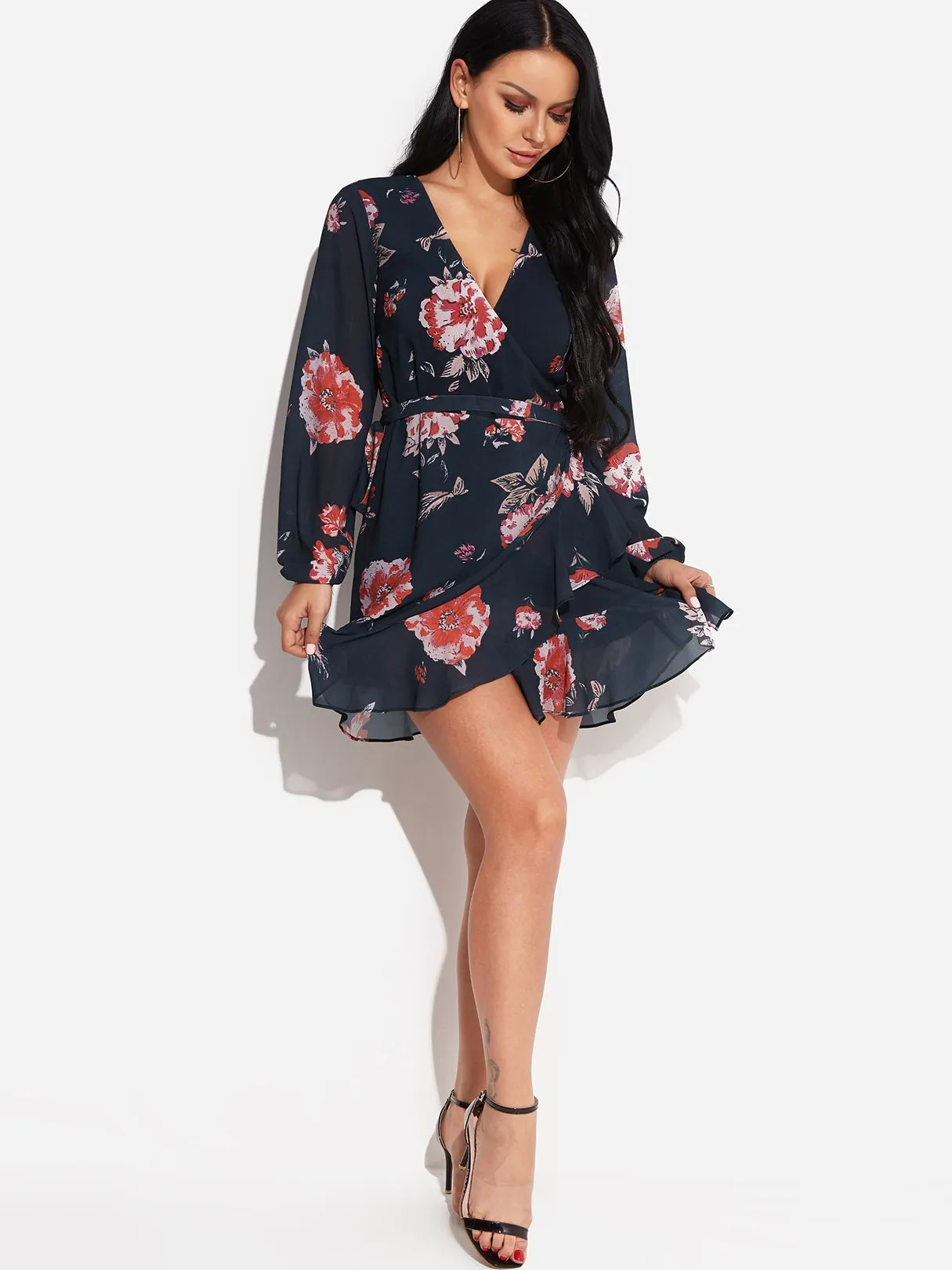 Wholesale Black Deep V Neck Long Sleeve Floral Print Crossed Front Self-Tie Flounced Hem Dresses